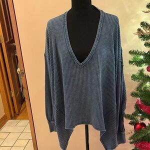 We The Free Slate Blue V-Neck Waffle Sweater/Top